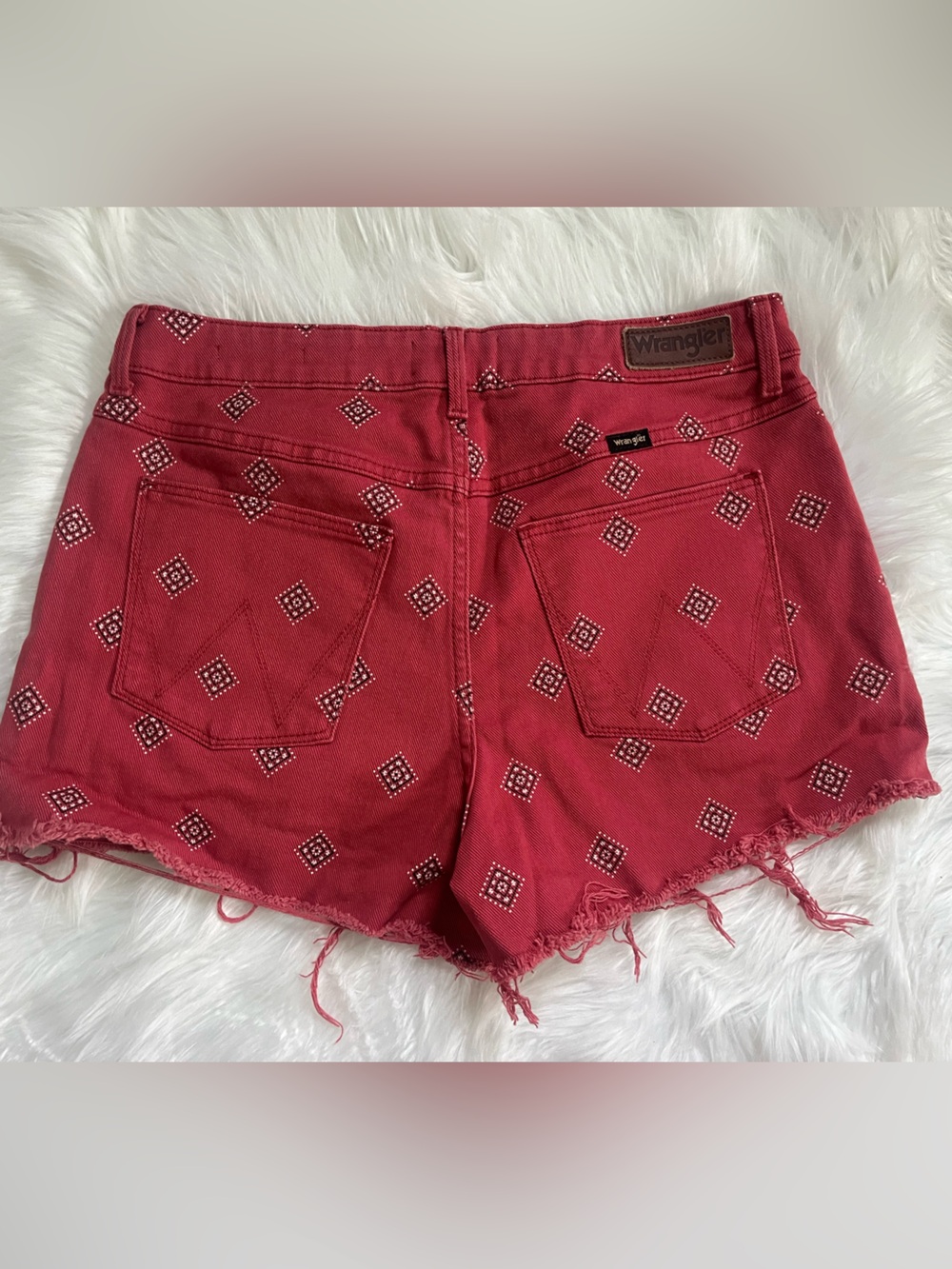 Wrangler Red Bandana-Print Denim Cutoff Shorts